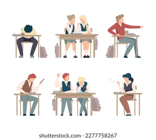 Teenage students sitting at desk in classroom. Girls and guys in uniform, chatting, boring and dozing during lesson flat vector illustration