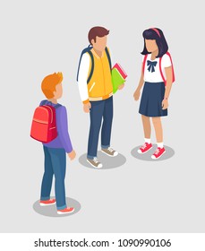 Teenage students talking isolated vector illustration on grey background. Dark-haired girl and two boys with backpacks during break at school