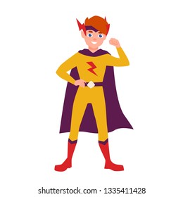 Teenage superhero, superboy or superkid standing in heroic pose. Young boy wearing bodysuit and cape. Brave and confident hero kid or child. Colorful vector illustration in flat cartoon style.