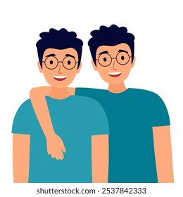 Teenage twin brothers wearing in flat design on white background.