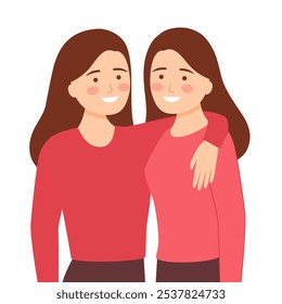 Teenage twin girls wearing the same dress in flat design on white background.