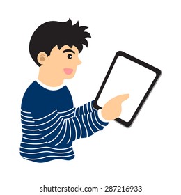 Teenage Is Using Internet On The Tablet, New Generation Y Man, Vector Cartoon Illustration Design