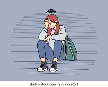 Teenage woman cries because of bullying or harassment and sits on steps suffering from social problems. Upset girl needs psychological support to overcome complexes caused by bullying in college