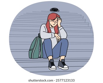 Teenage woman cries because of bullying or harassment and sits on steps suffering from social problems. Upset girl needs psychological support to overcome complexes caused by bullying in college