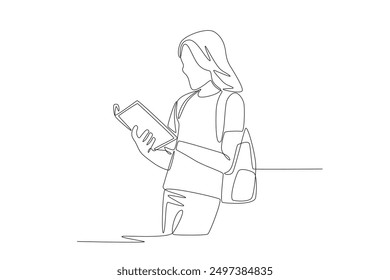 Teenage woman reading a book. Back to school concept one-line drawing