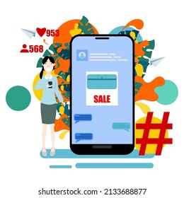 Teenage woman starting business with social media. Business woman and big smartphone selling products. Flat design vector illustration.