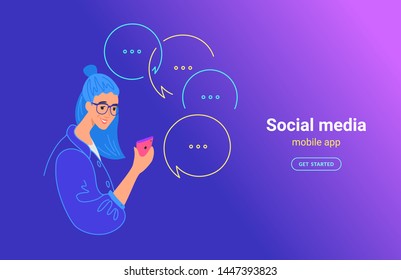 Teenage woman using mobile app concept vector illustration. Young teenager with smartphone using mobile app for texting, sending instant messages in social media. Smiling girl on gradient background