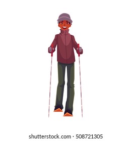 Teen-aged black boy with ski and poles, cartoon vector illustration isolated on white background. Full height portrait of African Amercian teenage skier, fun winter activity, outdoor leisure time