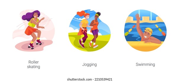 Teenager active lifestyle isolated cartoon vector illustration set. Roller skating, doing rollerblading trick, young girl in sportswear jogging, teen at border of swimming pool vector cartoon.