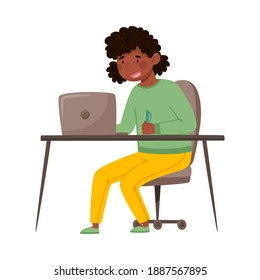 Teenager African American Girl as School Student During Online Class or Lesson in Front of Laptop Vector Illustration