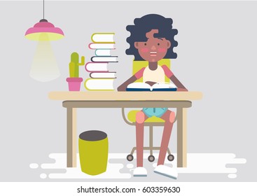 Teenager afro american girl tired making homework