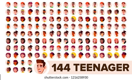 Teenager Avatar Set Vector. Girl, Guy. Multi Racial. Face Emotions. Multinational User People Portrait. Male, Female. Ethnic. Modern Default Placeholder Icon. Flat Cartoon Illustration