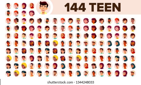 Teenager Avatar Set Vector. Girl, Guy. Multi Racial. Face Emotions. Multinational User People Portrait. Male, Female. Ethnic. Icon. Asian, African, European, Arab. Flat Illustration