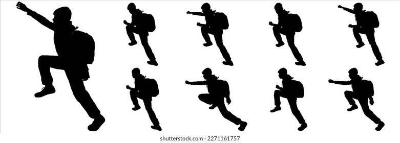 A teenager with a backpack behind his back climbs up. Climbing climb. Tourist teenager lends a helping hand. Rescuer. Sport. Sideways. Boy going up on a slope. Black silhouette isolated on white