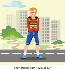 Teenager with a Backpack on the Background of the Modern City. Vector Illustration