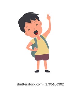 Teenager with a backpack waves his hand. Satisfied schoolboy. Suitable for back-to-school or vacation designs. Isolated. Vector.