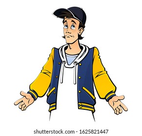 Teenager in a baseball cap and a university jacket. Gestures and emotions. Perplexity, frustration, annoyance. Comics book style.