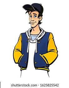 Teenager in a baseball cap and a university jacket. Comic book style.