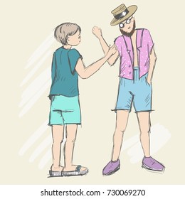 A teenager and a bearded man with glasses say goodbye or greet each other. Two people stand and are ready to shake hands. Sketch style. Vector illustration