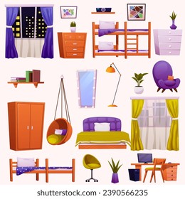 Teenager bedroom interior furniture and equipment for kid. Vector cartoon set of kid or teenager room interior with table, chair, wardrobe and nightstand