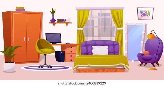 Teenager bedroom interior furniture and equipment for kid. Vector cartoon set of kid or teenager room interior with table, chair, wardrobe and nightstand