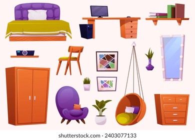 Teenager bedroom interior furniture and equipment for kid. Vector cartoon set of kid or teenager room interior with table, chair, wardrobe and nightstand