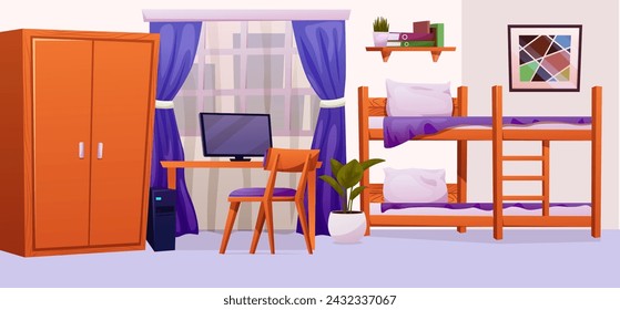 Teenager bedroom interior furniture and equipment for kid. Vector cartoon set of kid or teenager room interior with table, chair, wardrobe and nightstand