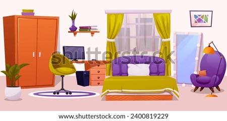 Teenager bedroom interior furniture and equipment for kid. Vector cartoon set of kid or teenager room interior with table, chair, wardrobe and nightstand