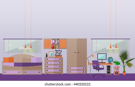 Teenager bedroom interior objects in flat style. Vector illustration. House room design elements and icons.