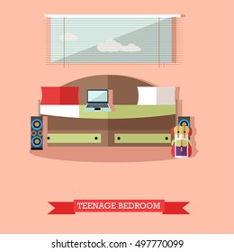 Teenager bedroom interior objects in flat style. Vector illustration. House room design elements and icons.