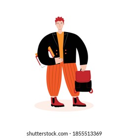 Teenager with books and backpack. A young man in casual clothes. Student. Vector flat illustration in white background