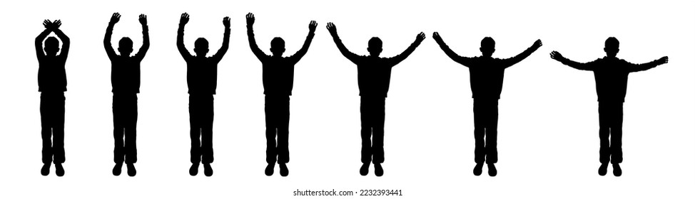 A teenager with both hands held high. The joy of a boy. The boy slowly raises or lowers his hands. Sport. Physical exercises. Front view, full face. Seven black teenage silhouettes isolated on white