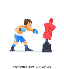 Teenager boxing, hitting a Punching bag - mannequin. Boxer boy training with punching dummy. Fitness, sport, training, will power and lifestyle concept. Cartoon vector illustration on white background