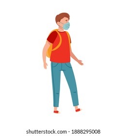 Teenager Boy with Backpack Wearing Medical Face Mask Walking Outdoor Vector Illustration