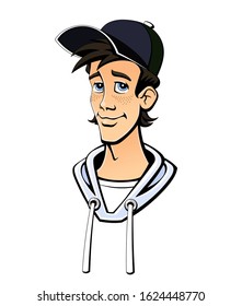 Teenager boy in a baseball cap. Face, portrait. Emotion smile. Comic book style.