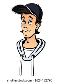 Teenager boy in a baseball cap. Face, portrait. Emotions of failure, disappointment, bewilderment, annoyance. Comic book style.