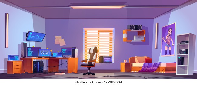 Teenager boy bedroom interior, gamer, programmer, hacker or trader room with multiple computer monitors at work desk, unmade bed, 3d printer on shelf and placard on wall, cartoon vector illustration