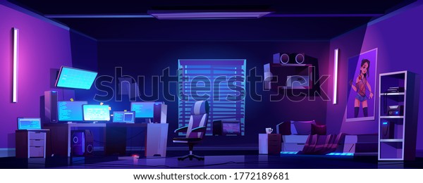 Teenager boy bedroom night interior, gamer,\
programmer, hacker or trader room with multiple computer monitors\
at work desk, unmade bed, 3d printer on shelf, placard on wall\
cartoon vector\
illustration