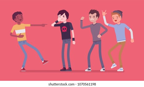 Teenager boy bullying and reaction. Youth abuse and mistreatment in social behaviour, psychological harm and three types to response, school children problems. Vector flat style cartoon illustration