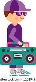 Teenager boy character with boombox icon illustration music happy