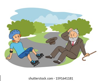 Teenager boy character on roller skates collides with elderly man in park. Inattentive roller-skater crashed. Safety traffic. Injured guy and old senior male. Accident with kids. Vector illustration