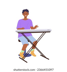 Teenager boy character playing synthesizer piano musical instrument isolated on white background