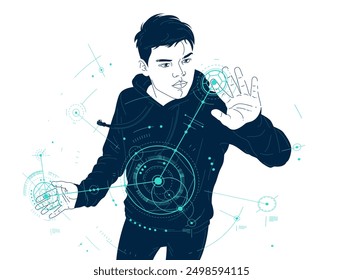 Teenager boy controls HUD engineering virtual interface vector illustration, futuristic concept engineer technical science, future technology theme.