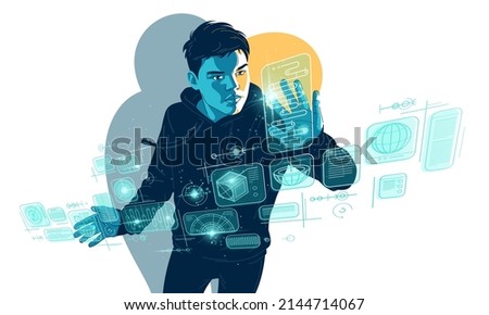 Teenager boy controls HUD virtual interface vector illustration, futuristic concept school student studying, future teen technology theme.