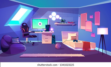 Teenager boy cozy room on attic interior cartoon vector with roof window, illuminated bed, computer monitor or TV, comfortable armchair near work desk, toys on shelf and placards on wall illustration