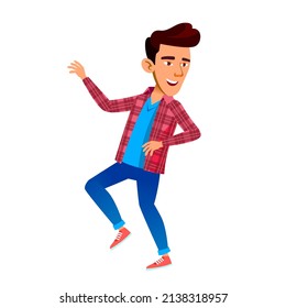 Teenager Boy Dancing Funny Dance On Party Vector. Asian Teen Guy Listen Music And Performing Dance On Birthday Party. Chinese Character Dancer Celebrate Holiday Flat Cartoon Illustration