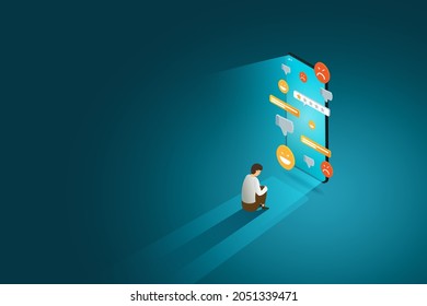 Teenager boy in depression Mental stress from messages on social networks The concept of online bullying in smartphones. isometric vector illustration.