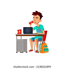 Teenager Boy Drinking Soda At Workplace Vector. Teen Make Home Exercise On Computer And Drinking Sweet Drink From Bottle. Character Working On Laptop And Enjoying Beverage Flat Cartoon Illustration