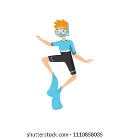 Teenager boy engaged snorkeling in sea. Young guy in diving suit, flippers and mask with tube. Flat vector desing