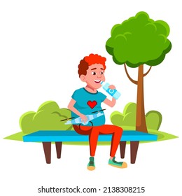 Teenager Boy Enjoying Drink On Park Bench Vector. Caucasian Teen Sitting In Nature With Drone And Drinking Healthy Natural Water From Bottle. Character Enjoy Beverage Outdoor Flat Cartoon Illustration